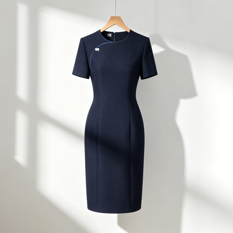 Summer Chinese-Style Short-Sleeved Professional Dress for Women, Fashionable and Elegant, Suitable for Sales Offices, Hotel Front Desks, and Beauty Reception Work Uniforms