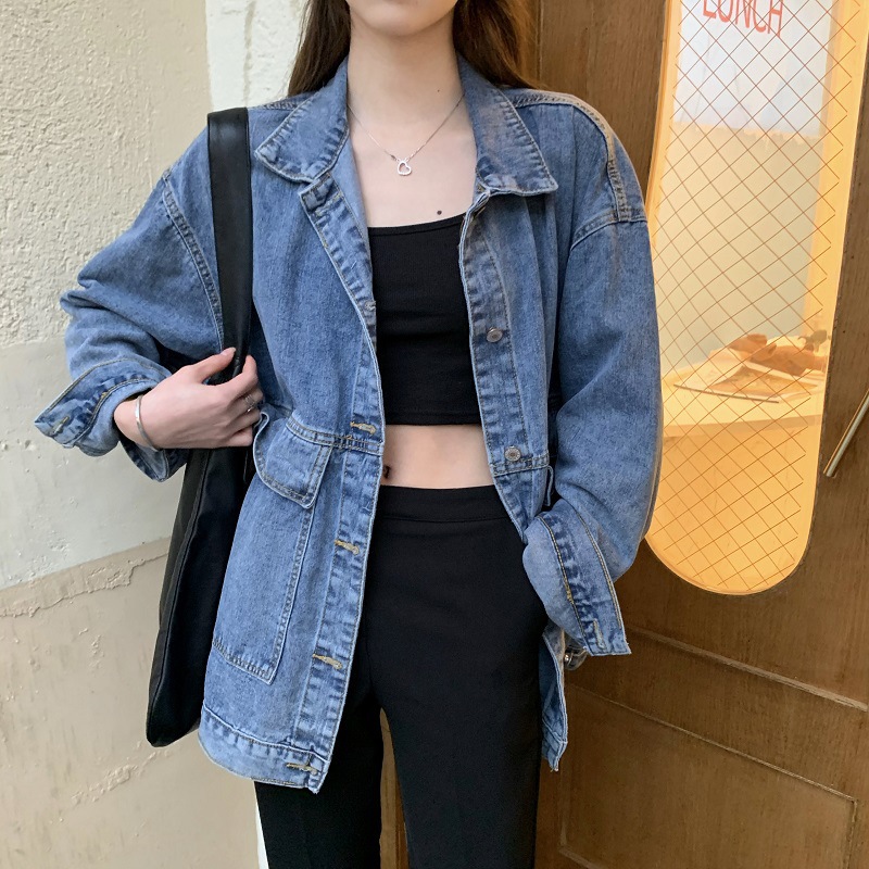 840g Weight Denim Jacket Outerwear Type Long Sleeve Sleeve Length Single Breasted Placket Type Shirtsleeve Sleeve Type Denim Fabric Type Regular Top Length Coat Tops Type Daily Occasion Turndown Neckline Loose Fit Type Solid Color Pattern Spring, Autumn Season Women's Gender Pocket Design Simple Style Style Women's Simple Style Solid Color Pocket Single Breasted Coat Denim Jacket
