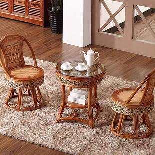 Balcony Bamboo Chair Combination Swivel Chair Backrest Single Bamboo Woven Small Rattan Chair Coffee Table and Chair Woven Rattan Chair Three-piece Set