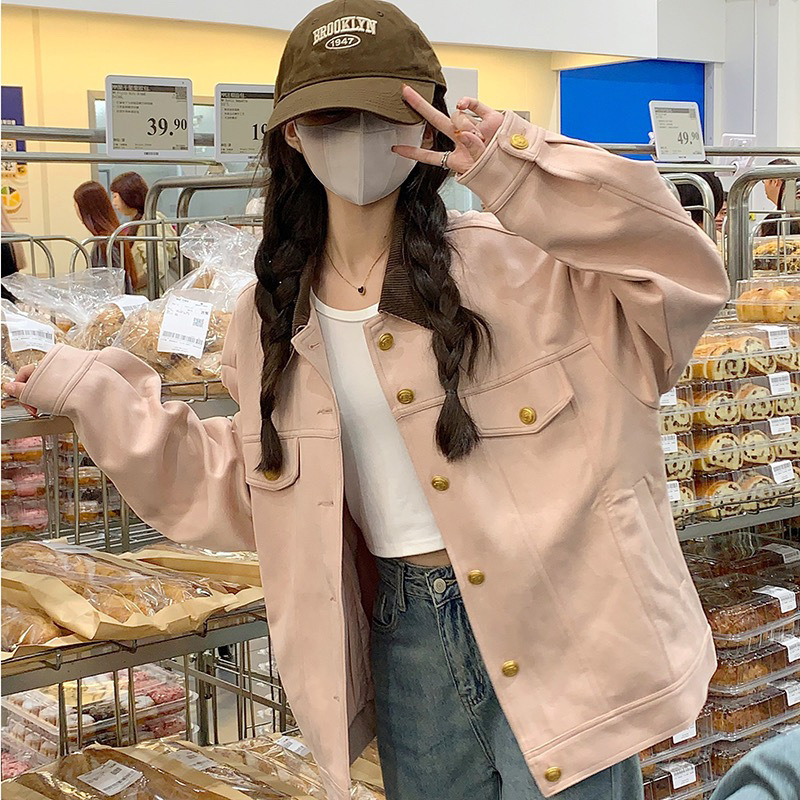 粉色麂皮绒短外套女秋冬2025新款韩系学院风甜美减龄休闲夹克开衫|undefined