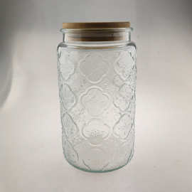 1000ml复古海棠浮雕玻璃杂粮瓶竹盖茶叶罐透明玻璃储物罐 糖果罐