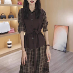 马甲格子裙子套装女2025新款春秋气质轻奢高级感叠穿两件套连衣裙