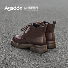 奥古狮登黑色马丁靴女2025新款冬季复古短靴粗跟英伦风系带时装靴