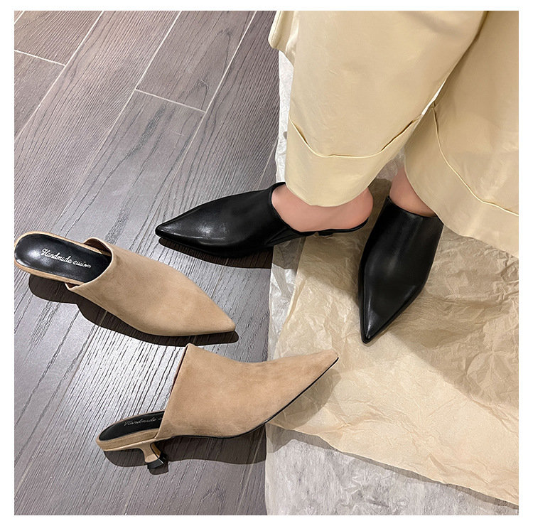 Dép mule nữ da cừu mềm mũi nhọn gót mèo 5 cm — Màu đen chi tiết 41