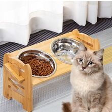 批发宠物竹木碗餐架粮双碗宠物木质喂食猫碗不锈钢架架支架喂食器