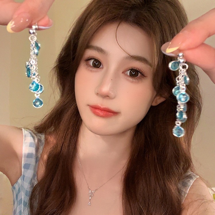 Pendientes de borla de circonio con garra de sentido avanzado de plata 925 Pendientes largos de temperamento de nicho de lujo ligero femenino Pendientes delgados de cara redonda