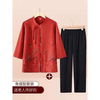 老太太夏季休闲短袖衬衫奶奶夏装套装60岁70中老年人女装薄款衣服