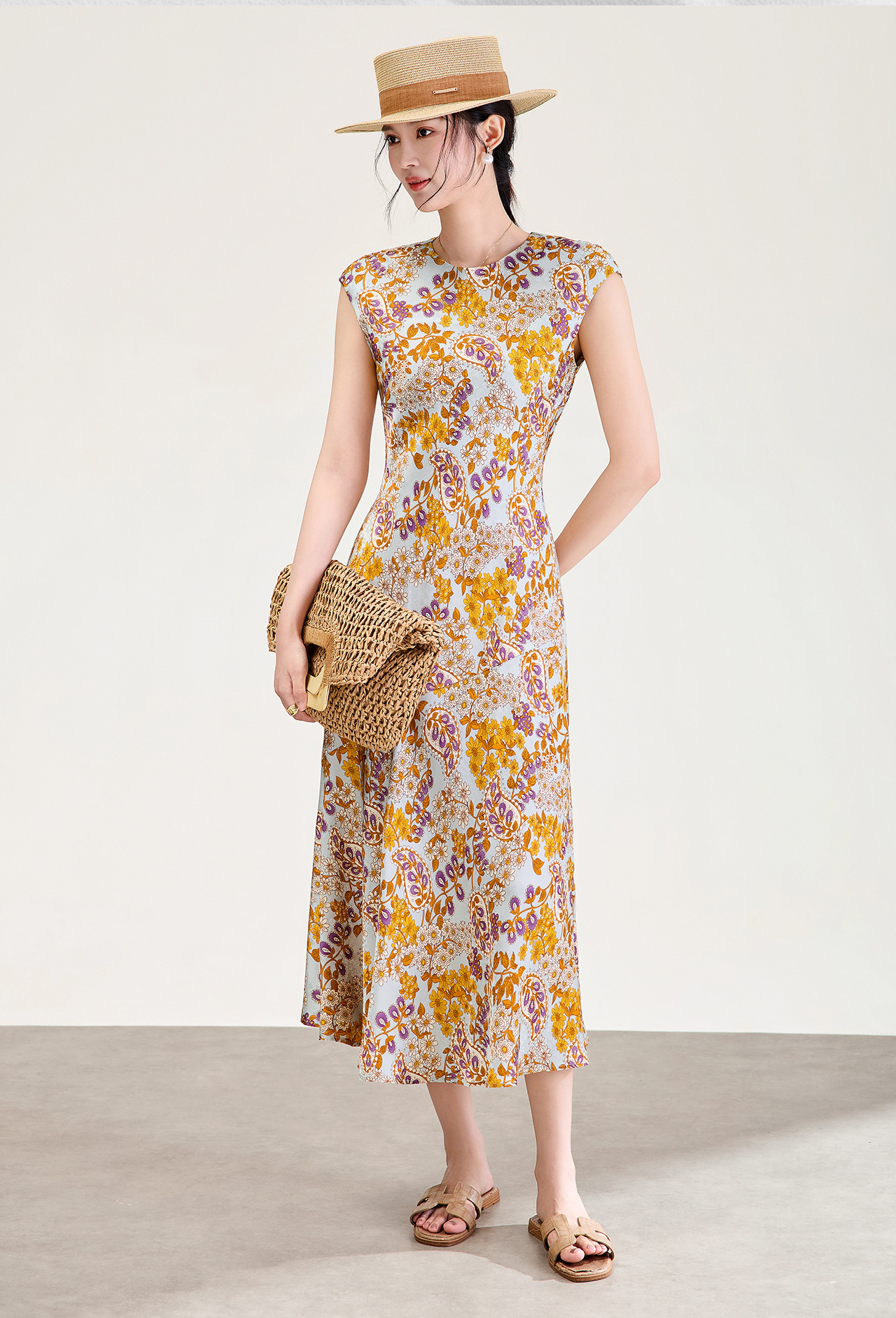 Đầm maxi nữ thắt eo họa tiết hoa vintage phong cách Pháp — màu cam chi tiết 3