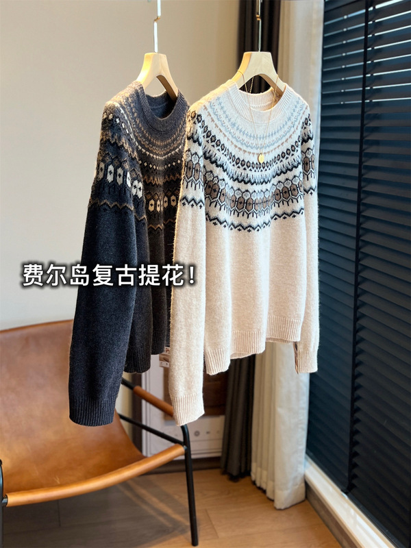 Retro Lazy Atmosphere Fair Isle Jacquard Wool Rabbit Fur Soft Women's Knitwear Knitwear Autumn and Winter G111316