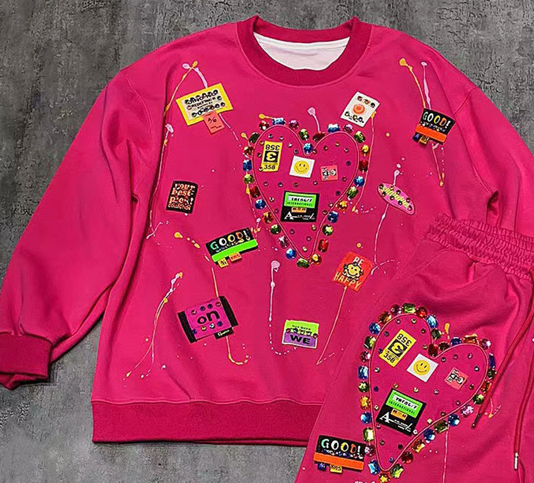 Women's Clothing retro trend fashion casual sports suit large version loose style age reducing graffiti two piece set a complete set_voghion.com