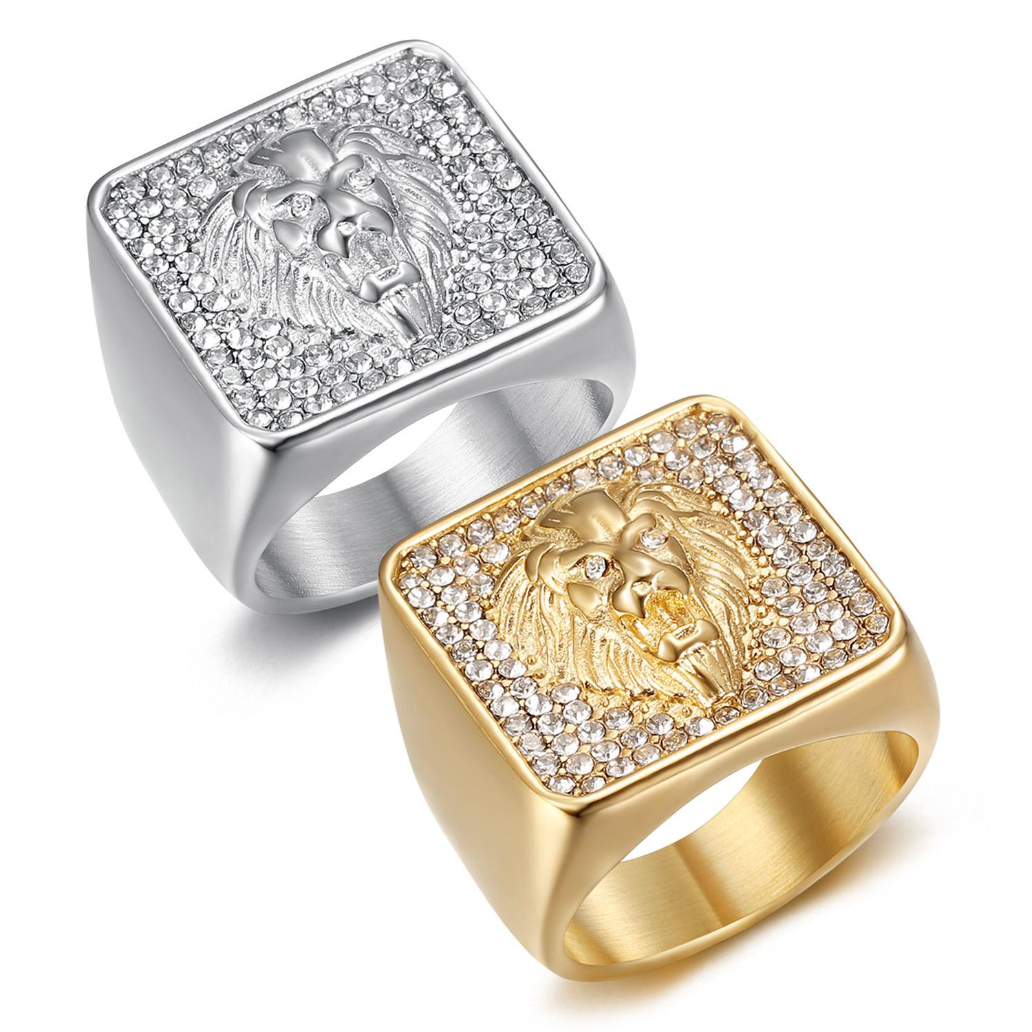 Cross-border e-commerce new hip-hop HIPHOP jewelry titanium steel gold-plated diamond square domineering lion head men's ring