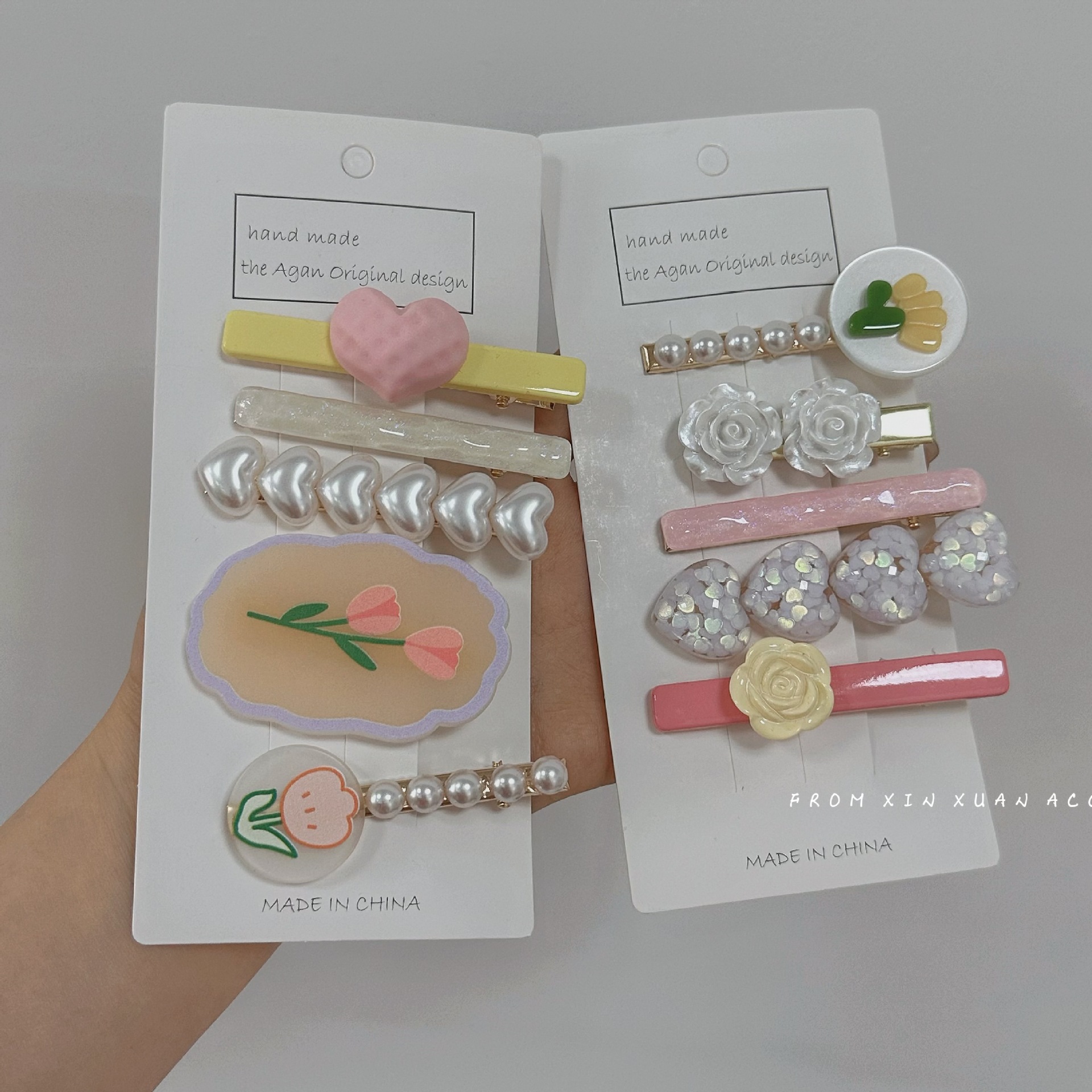 Juego de cinco horquillas para el cabello ~ Horquilla de tulipán color crema con perla francesa, flequillo roto, accesorios para el cabello con clip lateral_voghion.com