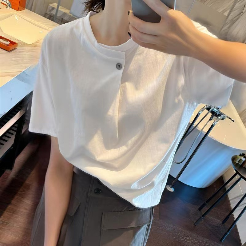 European Goods Are Must-Buy for Inner and Outer Wear in Summer. One Button Design Pure Color White Short-Sleeved T-Shirt Bottoming Shirt Printed Ins