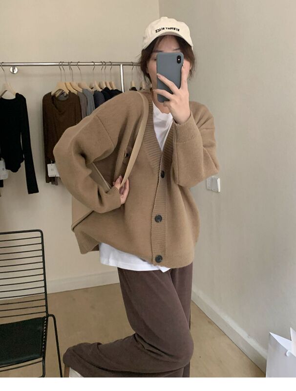 韩版慵懒风毛衣外套秋季新款设计感纯色宽松V领单排扣针织开衫女|undefined