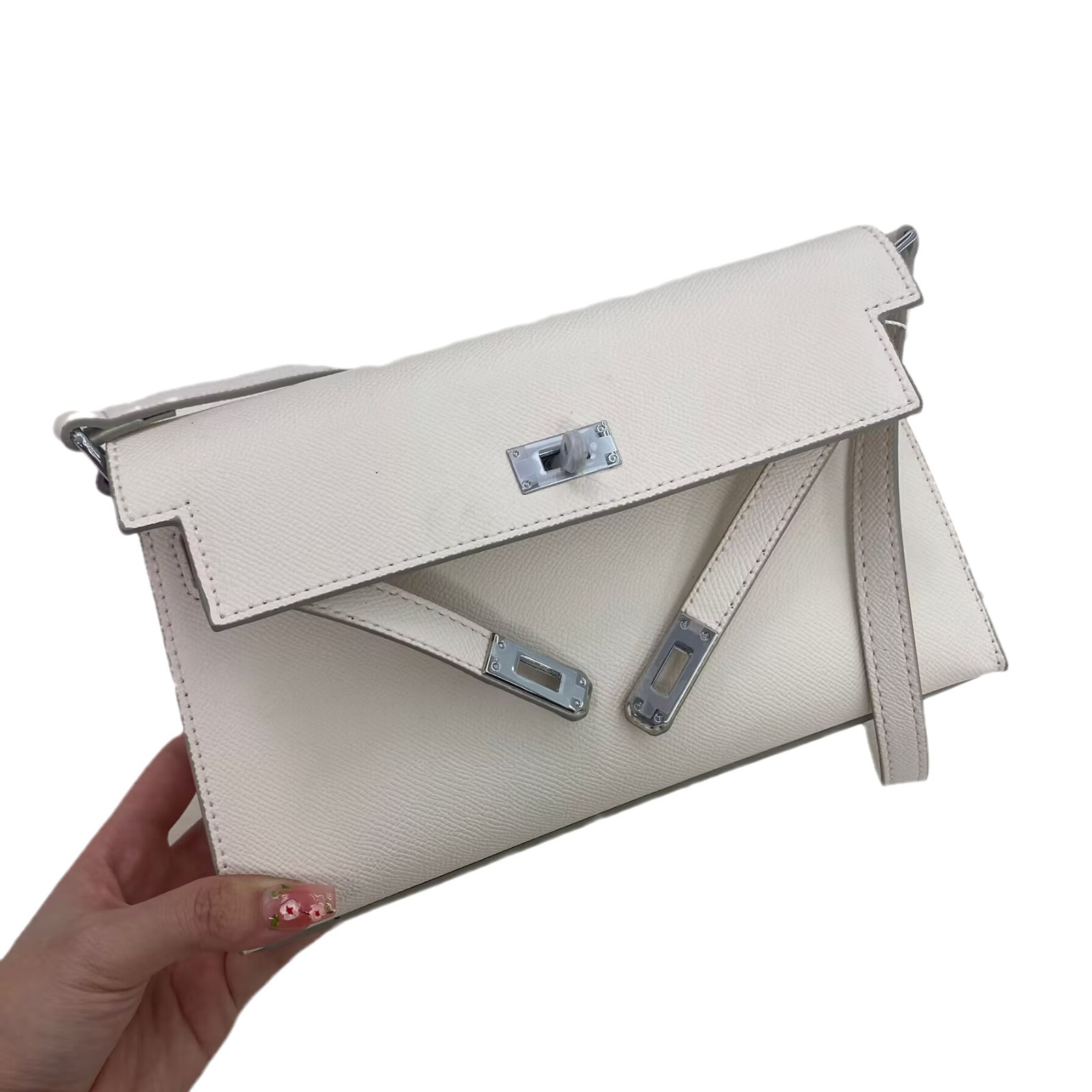 Double Strap Horizontal Palm Grain Leather Bag With Silver Buckle - Women's Genuine Cowhide Baguette Shoulder Underarm Crossbody Classic - Thumbnail 5