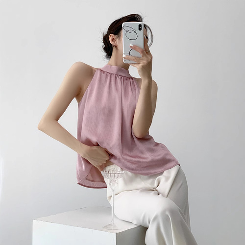 Sleepy Rabbit Neck Gown Sleeveless Backless Bralette for Women Summer French Style Elegant Bodycon Sexy Gentle Short Sleeveless Shoulder Straps Top