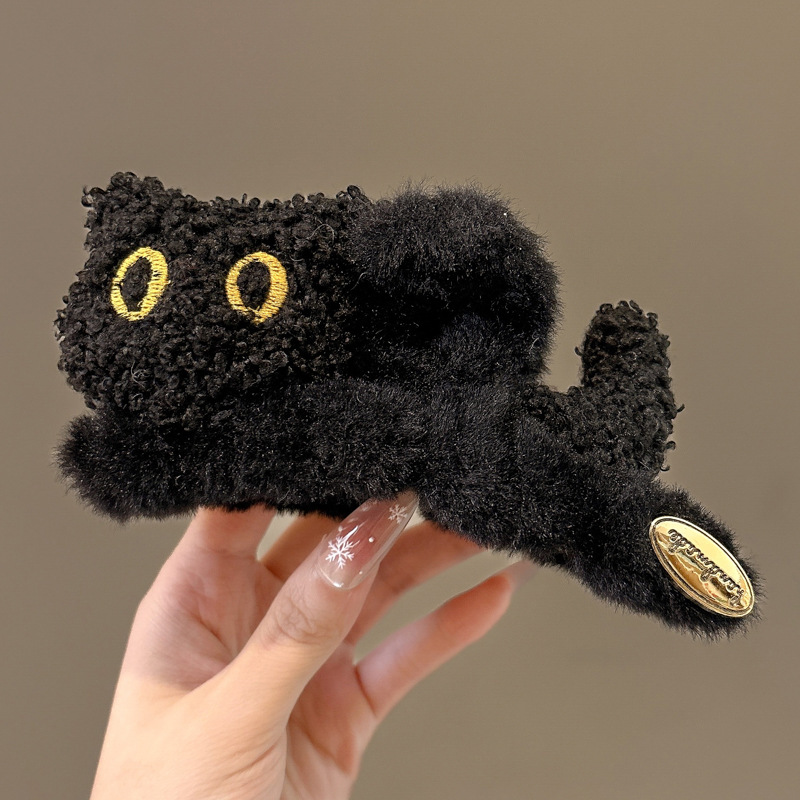 Adorable gato negro pegando clip de cabello de peluche de otoño y invierno mujer cabeza trasera de cabello de tiburón clip de cabello de cabello tarjeta de cabello