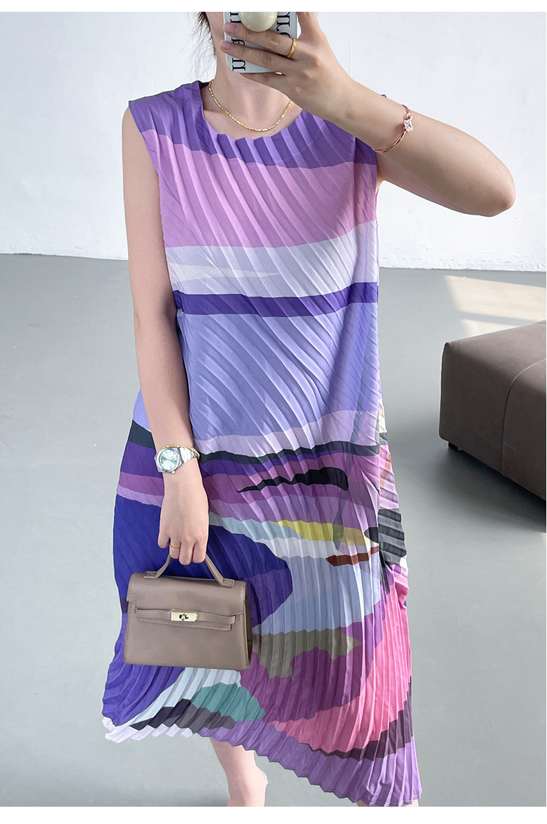 Váy maxi xếp ly in họa tiết hai dây dáng rộng thanh lịch — Màu xanh lam chi tiết 13