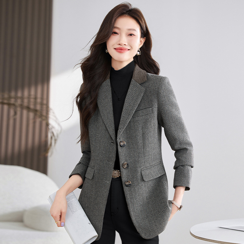人字纹西装外套女2024春秋新款长袖修身小西服OL气质通勤厚款西服