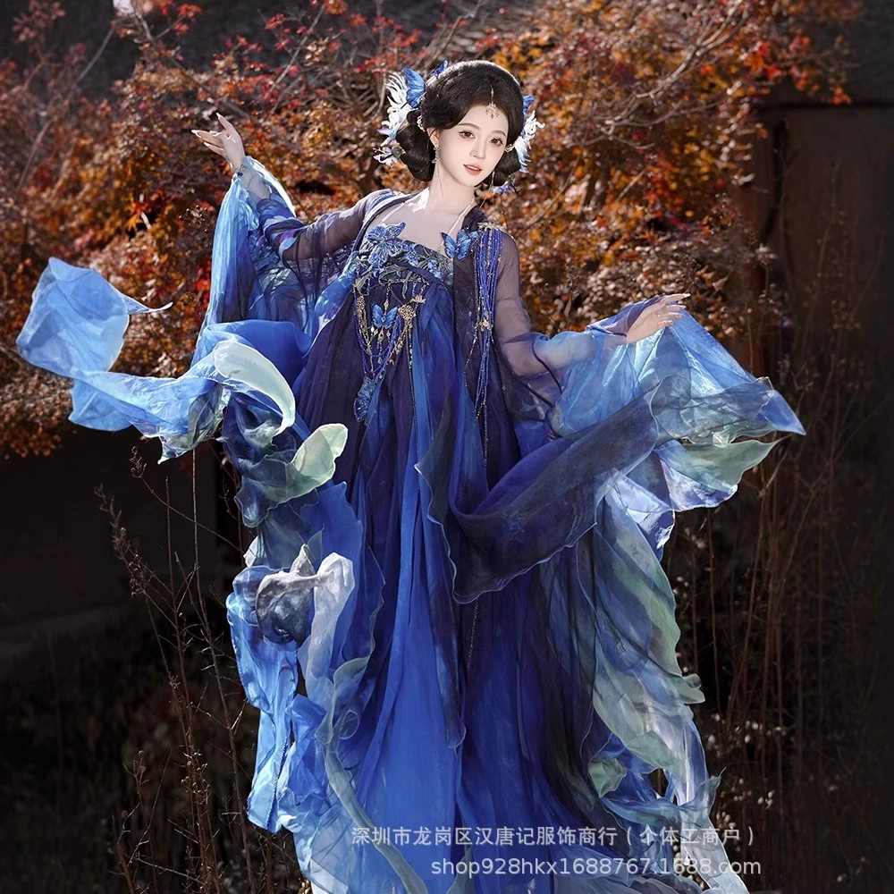 Оригинальный Hanfu женский синий хвост бабочка тяжелая промышленная вышивка