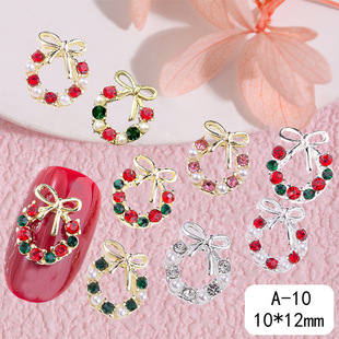 Cross-Border Christmas Wreath Nail Art Jewelry Bow Alloy Rhinestone Pearl Three-Dimensional Wearable Nail Decoration Nail Accessories