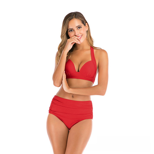 European and American New Style Separate Bikini Set Sexy Solid Color Printed Women's Swimwear for Amazon Cross-border Wholesale