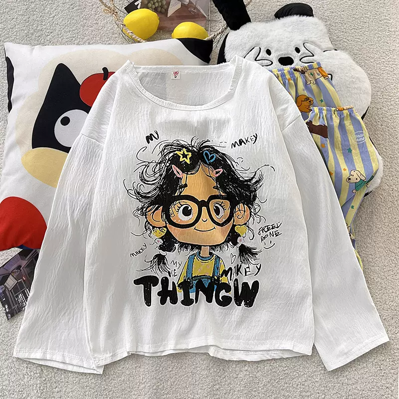 春秋季云朵棉睡衣女长袖带胸垫宽松印花家居服套装薄款韩式可外穿