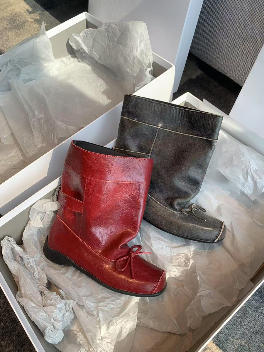 Lammfell-Version ~ Quadratische Retro-Schleife, dicke Sohle, kurze Ballettstiefel, schmale Passform, großer Schaftumfang, gerader Schaft, Western-Cowboystiefel_voghion.com