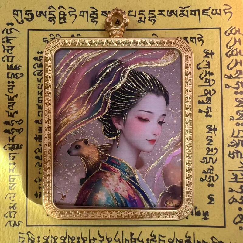 タンカ チベット手描き金塗装粗鉱石絵画コア国民トレンドペンダント九尾キツネ ザキラム ビッグブラックデーツ|undefined
