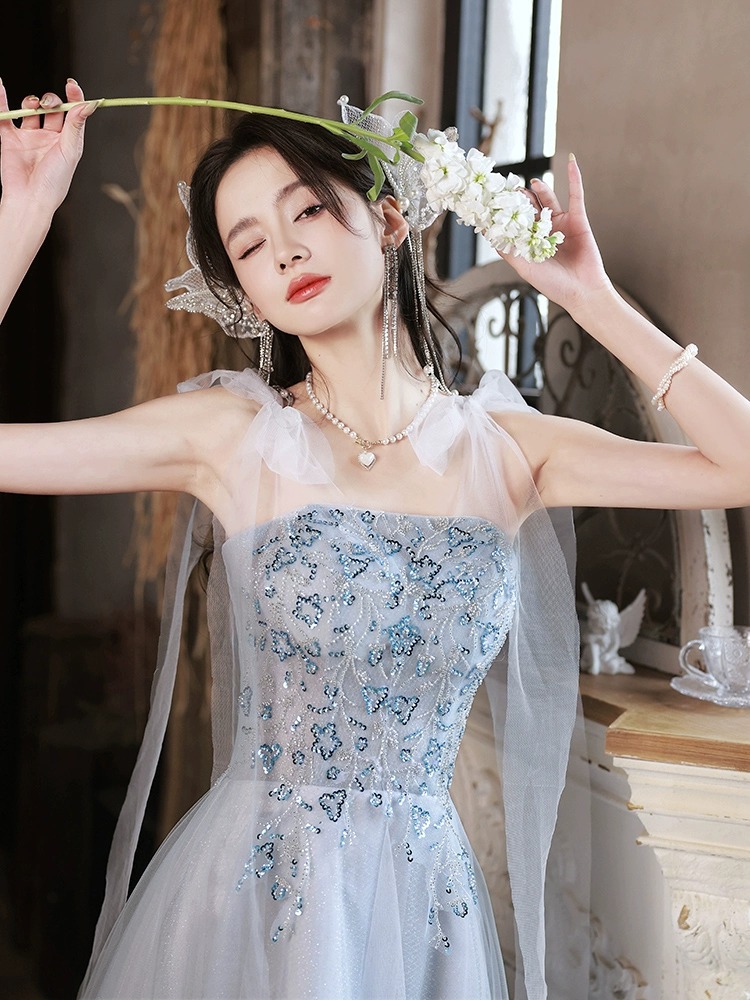蓝色晚礼服裙轻奢小众高端2026新款公主裙成人礼女高级法式设计感