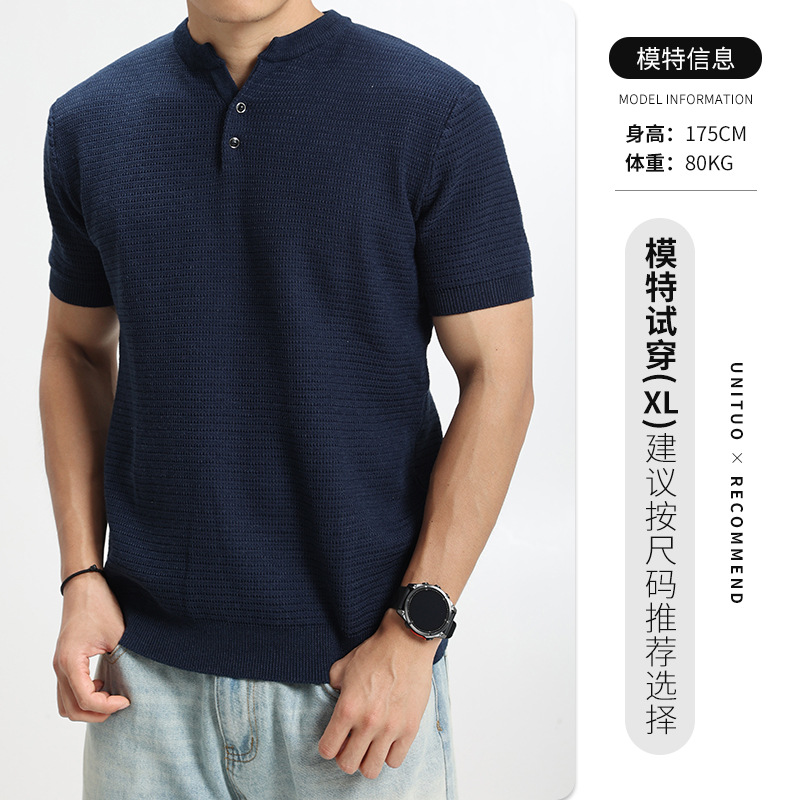 Cross-border hombre lujoso ligero Vogue punto de manga corta Henry cuello botón media manga camiseta de alta calidad europea y americana ropa de hombre
