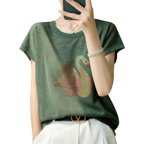 2026 summer new women's clothes new knitted sweater, bamboo hemp short-sleeved shirt, women's T-shirt, women's round collar, hot drilling swan