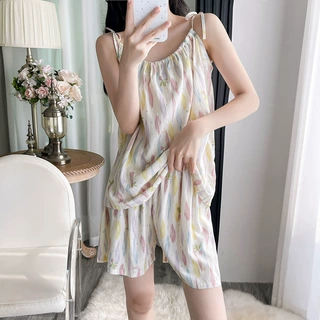夏季人造棉棉绸吊带短裤性感绵绸睡衣女套装夏季小清新家居服薄款