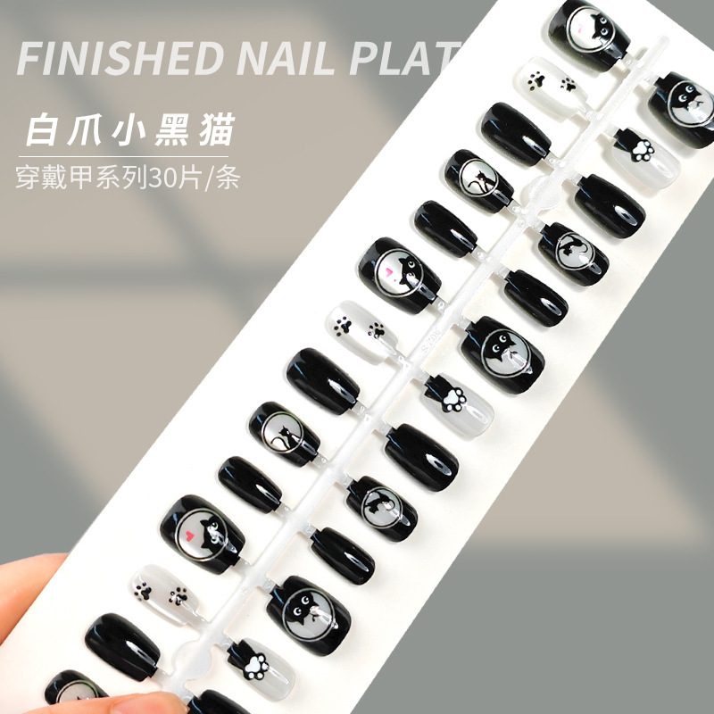 [Cute Little Black Cat with White Paws] Adorable Little Black Cat Eye Wearable Nails Black and White Cat Claw Pre-Made Nail Tips