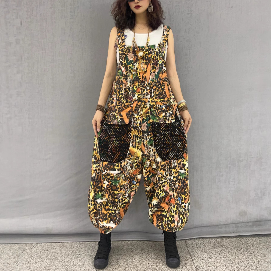 Personalidad moda fresco patrón de leopardo estampado de mezclilla empalme chaleco de malla mono traje de dos piezas de moda de primavera para mujer image 4