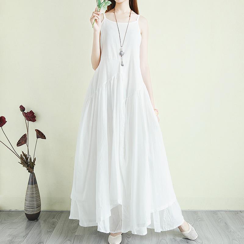Vintage Artistic Cotton and Linen Spaghetti Strap Dress, Summer Ultra-Long Beach Dress, Elegant Spaghetti Strap Long Dress, Loose Mori Girl Style Vintage Artistic Cotton and Linen Spaghetti Strap Dress, Summer Ultra-Long Beach Dress, Elegant Spaghetti Strap Long Dress, Loose Mori Girl Style