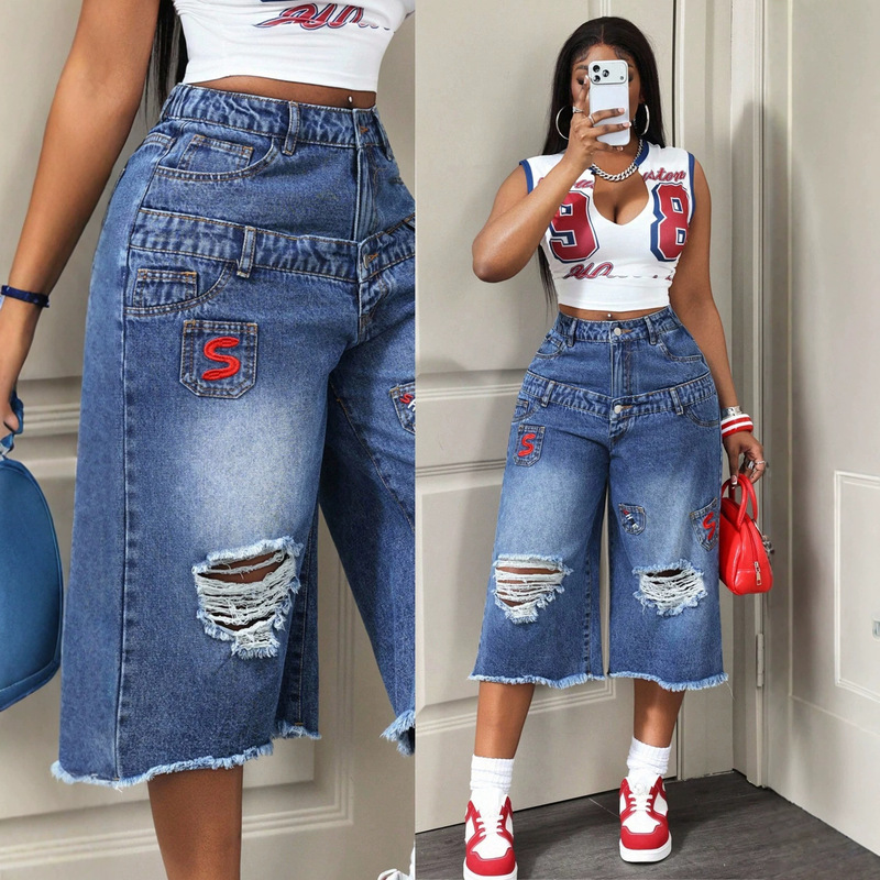 86-in Stock 66579 # Amazon Cross-Border Trendy Casual Ripped Frayed Versatile Women's Denim Capri Pants 86-in Stock 66579 # Amazon Cross-Border Trendy Casual Ripped Frayed Versatile Women's Denim Capri Pants