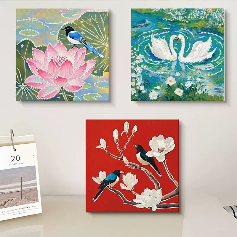 荷花珍珠画DIY喜鹊手工珍珠材料包宋氏美学客厅装饰画喷泉挂画批