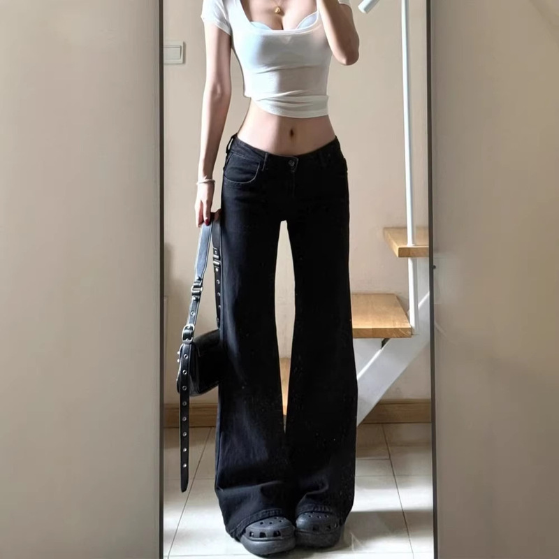 Black Low-Waist Flared Jeans for Women, New Spring 2026 Style, Straight-Leg, Slimming, Loose Wide-Leg Bell-Bottom Pants