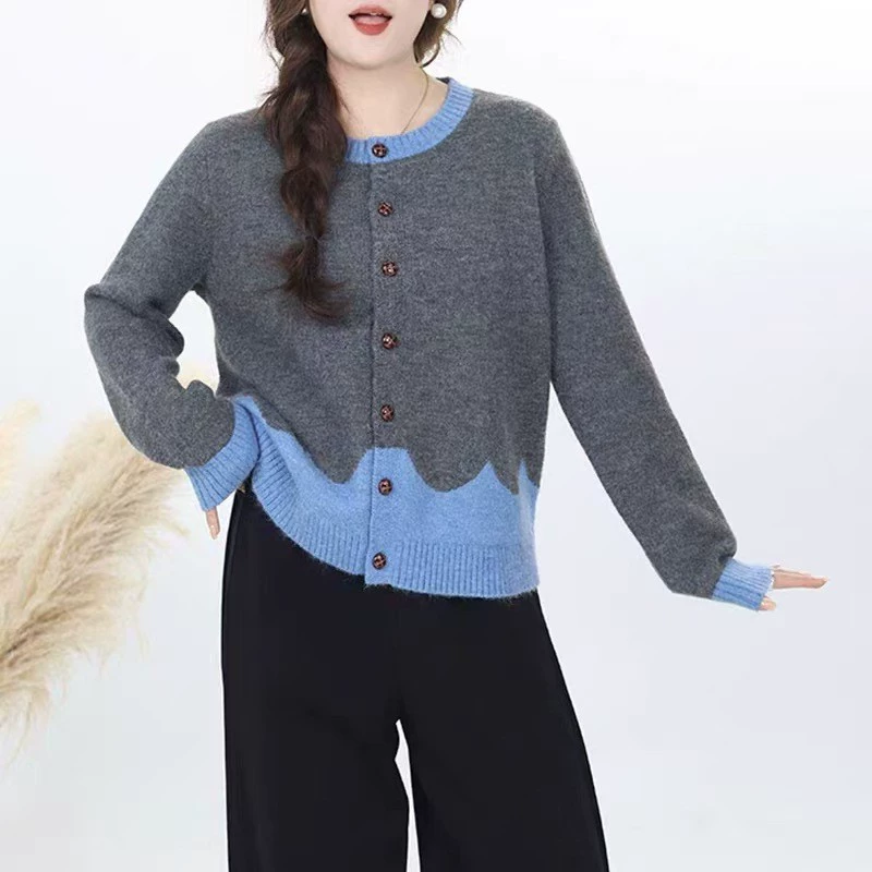 Женский вязаный кардиган KANING с круглым вырезом, контрастной расцветкой, свободного кроя, осень 2025 года.