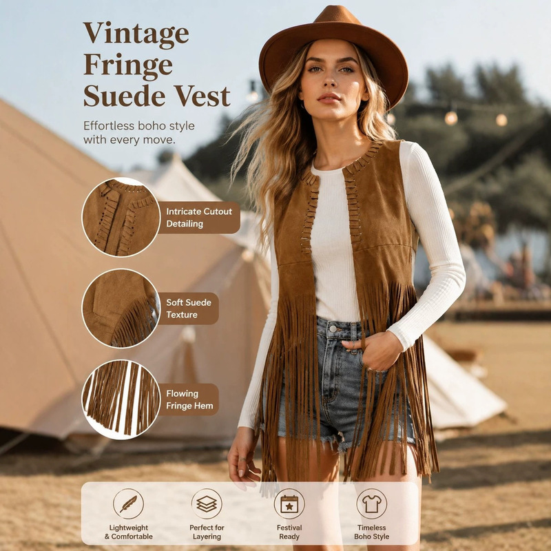 Cross-Border Suede Fringe Vest 70S European and American Women's Long Coffee-Colored Classic Cardigan Retro Denim Jacket