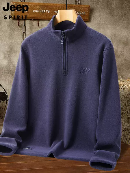 Jeep half-zip sweatshirt men's pullover fleece jacket warm and fleece-lined autumn and winter outdoor stand-up collar fleece jacket for men