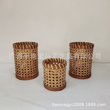 厂家印尼藤桌面笔筒厨房收纳六眼笪沙丝藤篮藤材质工艺品