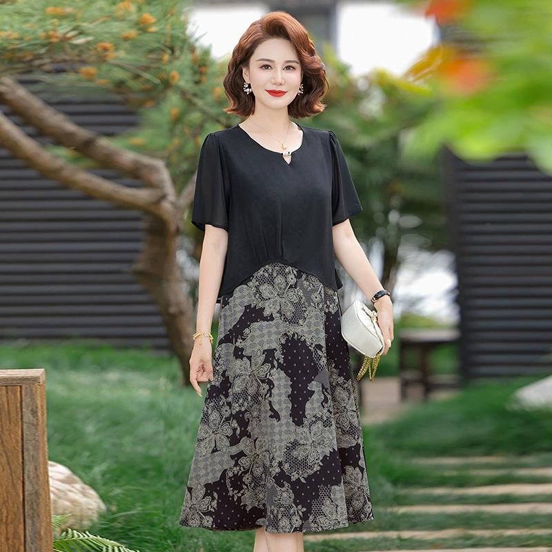 Элегантное летнее новое платье из искусственного меха больших размеров для мам, стильное, стройнящее, платье средней длины с короткими рукавами.