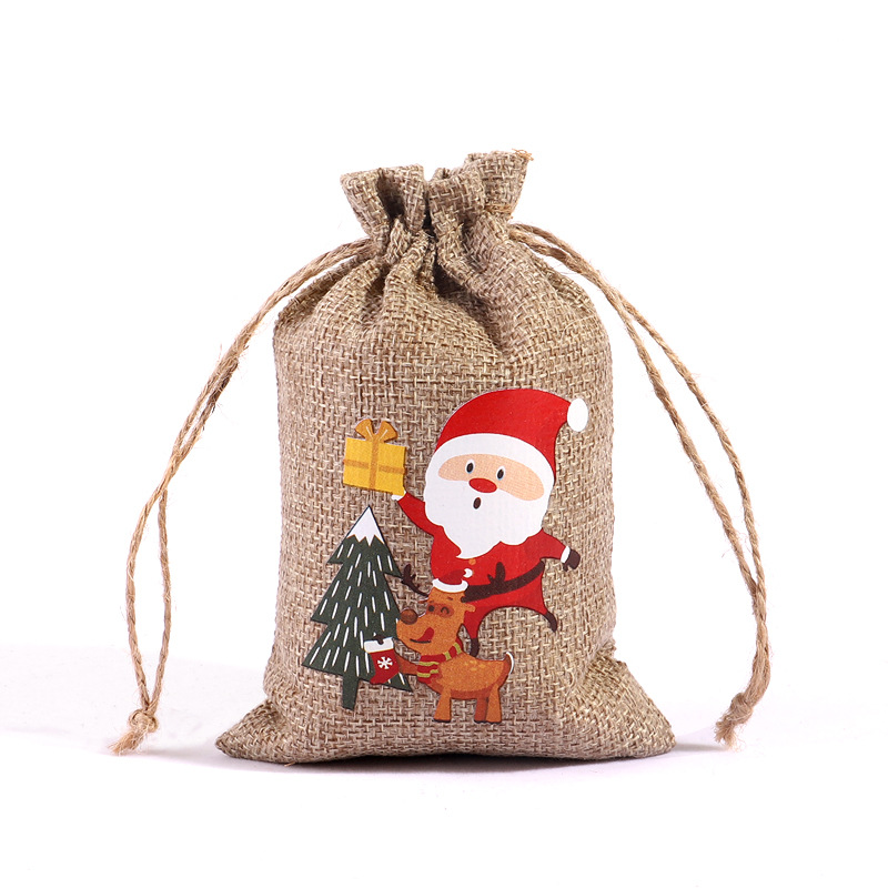 Bolsa de regalo de lino de Navidad al por mayor decoración de la fiesta de Navidad pequeña bolsa de tela cordón bolsa de tela de cáñamo ventas directas de fábrica