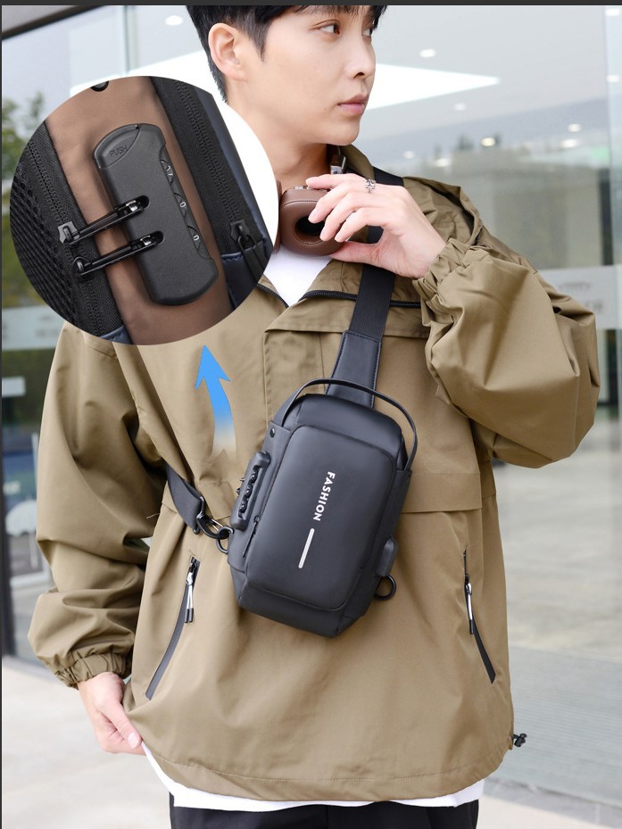 Carga USB explosión de estilo de moda de tramo oblicuo mochila deportiva anti-robo mochila pequeña multifuncional contraseña bloqueo bolso de pecho