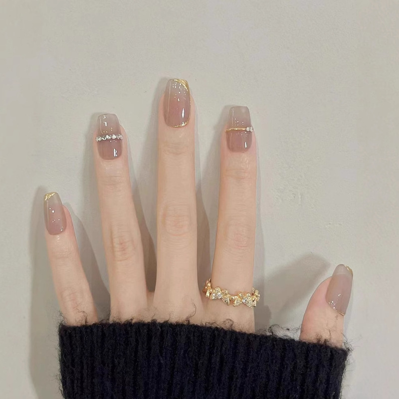 Purely Handmade Wearable Nails, Ice Gray Coffee, Nude Color, Sparkling, High-End, Daughter-In-Law, Gentle Sparkling Diamond Manicure Patches