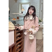 韩系甜美毛绒拼接毛呢粉色小个子小香风套装裙两件套套裙女秋冬款