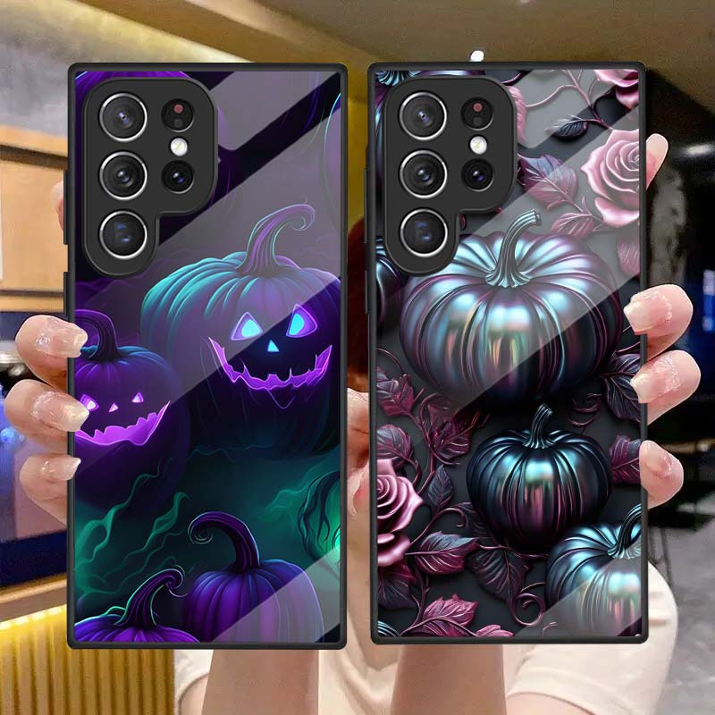 适用三星S24手机壳S25Ultra万圣节M55玻璃壳南瓜软边S23保护套A70