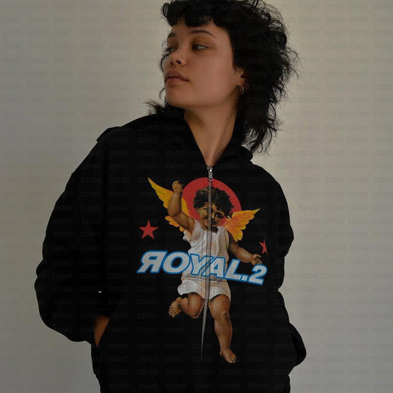 Angel Pattern Dark Gothic 2000S Street Male and Female Couple Sports Rock Punk Zipper Sweatshirt Jacket